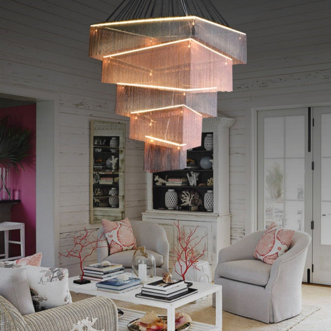 chandelier,chandeliers,large,oversize,huge,big,stairs,foyer,loft,high,long,tassel,aluminum chain,chrome,silver,gold,brass,bronze