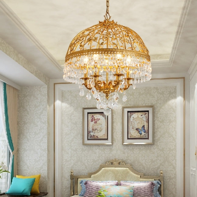 Baroque Luxury Full Copper Crystal Pendent Candle Chandelier for Entryway/Foyer/Dining Room-Momo Lighting