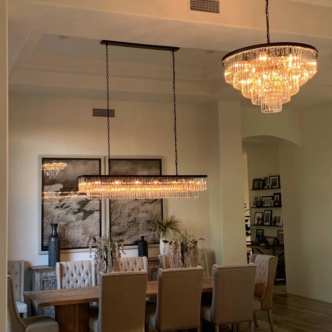 Black/ Gold Finish Iron Cake Tiered Shape Crystal Chandelier Round Living Room Ceiling Light Fixture-Momo Lighting