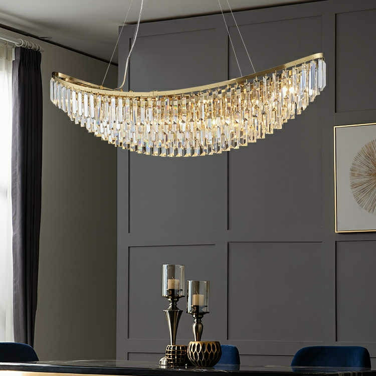 Boat Shaped LED Crystal Chandelier Oval Ceiling Light Fixture For Living/ Dining Room Table In Brass Finish-Momo Lighting