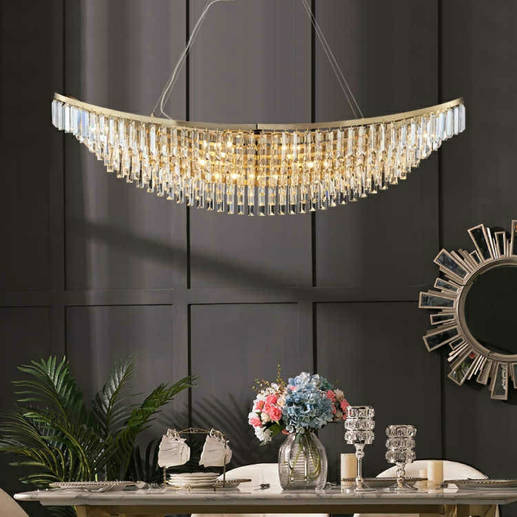 Boat Shaped LED Crystal Chandelier Oval Ceiling Light Fixture For Living/ Dining Room Table In Brass Finish-Momo Lighting