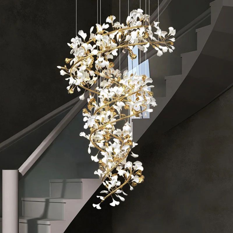 Ceramic Ginkgo Spiral Linear Chandelier-Momo Lighting