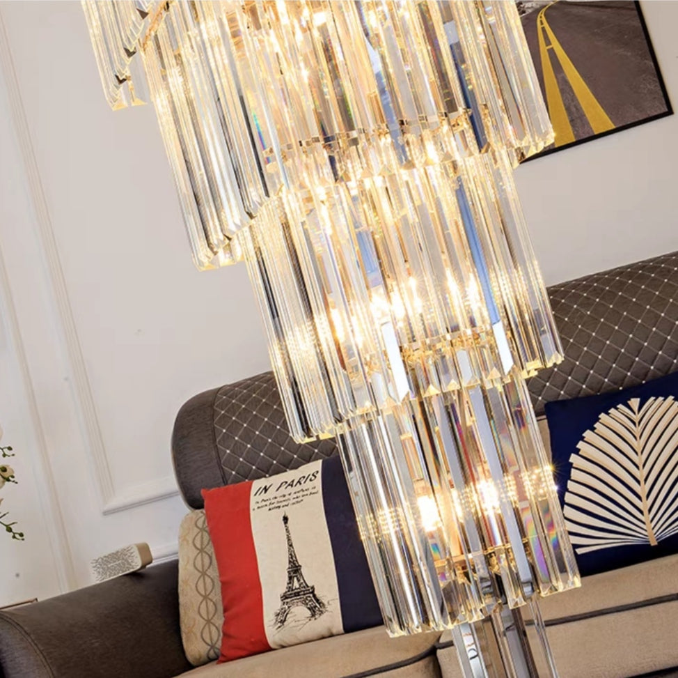 Decorative Large Vertical Crystal Staircase Chandelier Foyer Ceiling Light Fixture Lamp In Gray/ Amber Brim-Momo Lighting