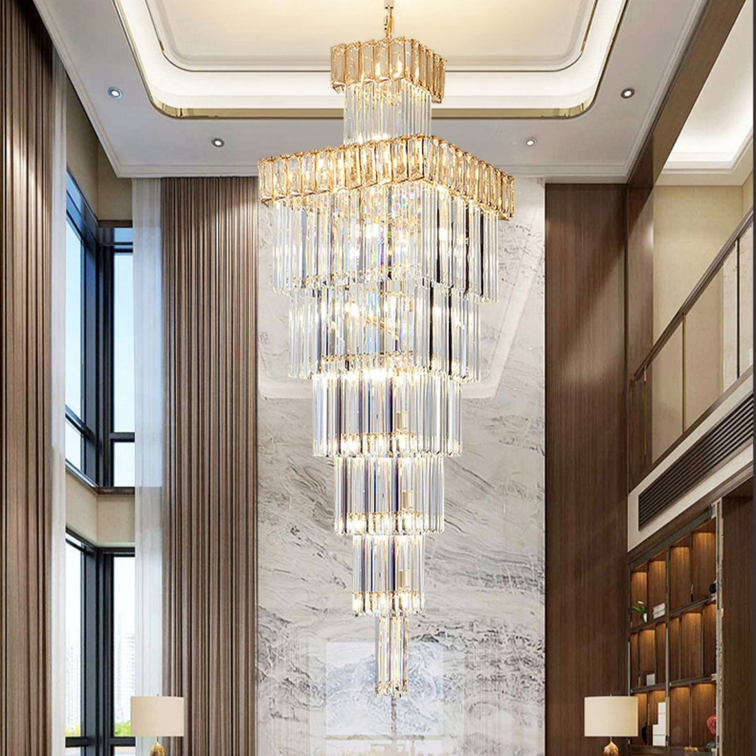 Decorative Large Vertical Crystal Staircase Chandelier Foyer Ceiling Light Fixture Lamp In Gray/ Amber Brim-Momo Lighting