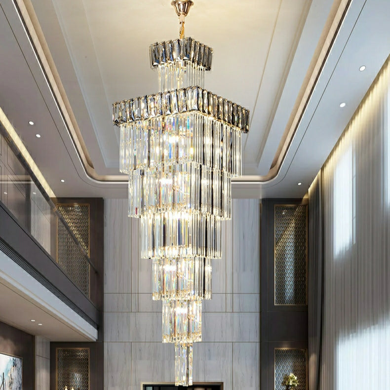 Decorative Large Vertical Crystal Staircase Chandelier Foyer Ceiling Light Fixture Lamp In Gray/ Amber Brim-Momo Lighting