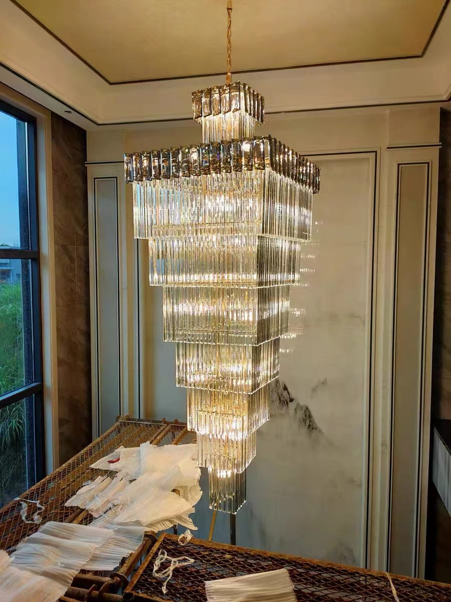 Decorative Large Vertical Crystal Staircase Chandelier Foyer Ceiling Light Fixture Lamp In Gray/ Amber Brim-Momo Lighting