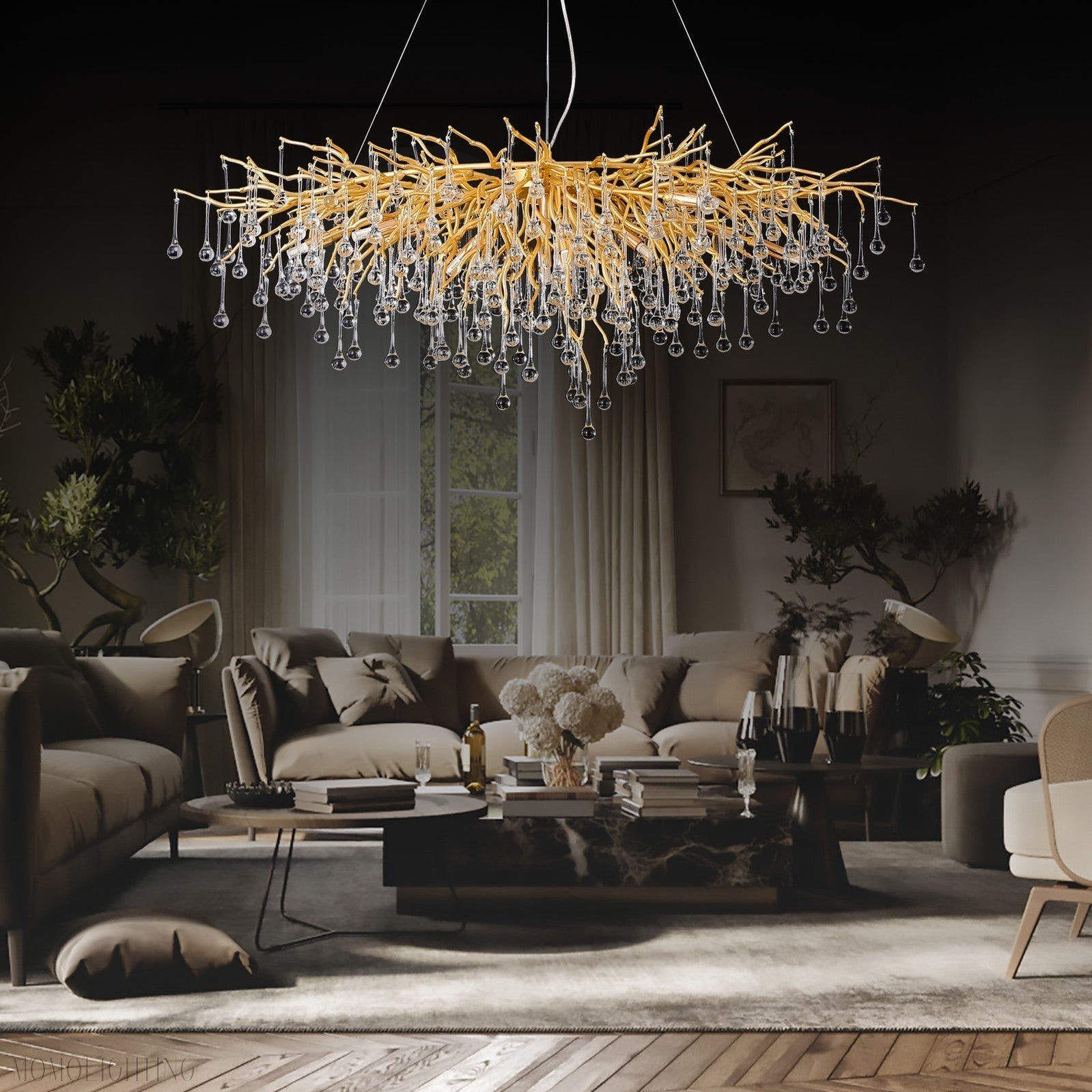 Doris Crystal Rectangular Branch Chandelier L45"-Momo Lighting