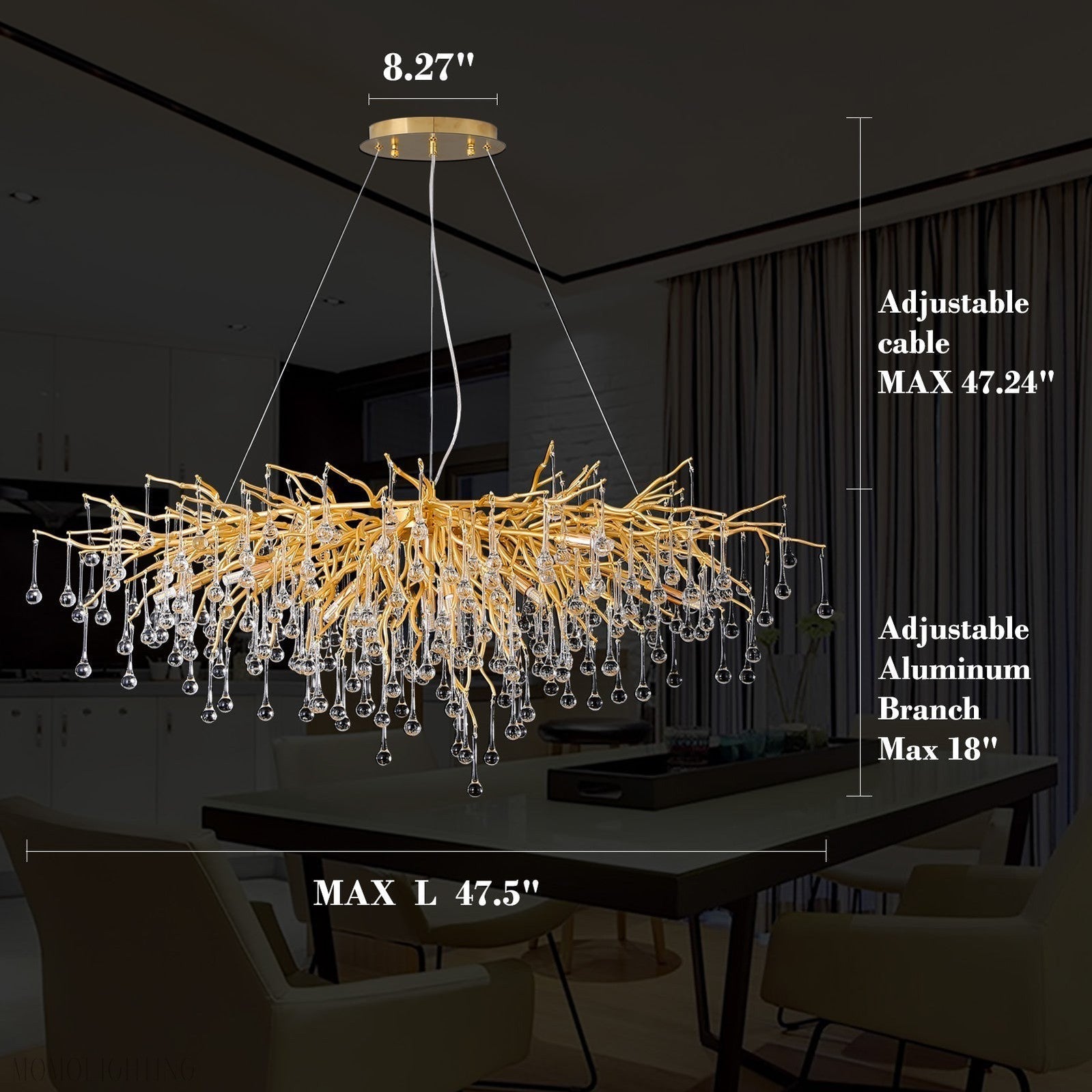 Doris Crystal Rectangular Branch Chandelier L45"-Momo Lighting