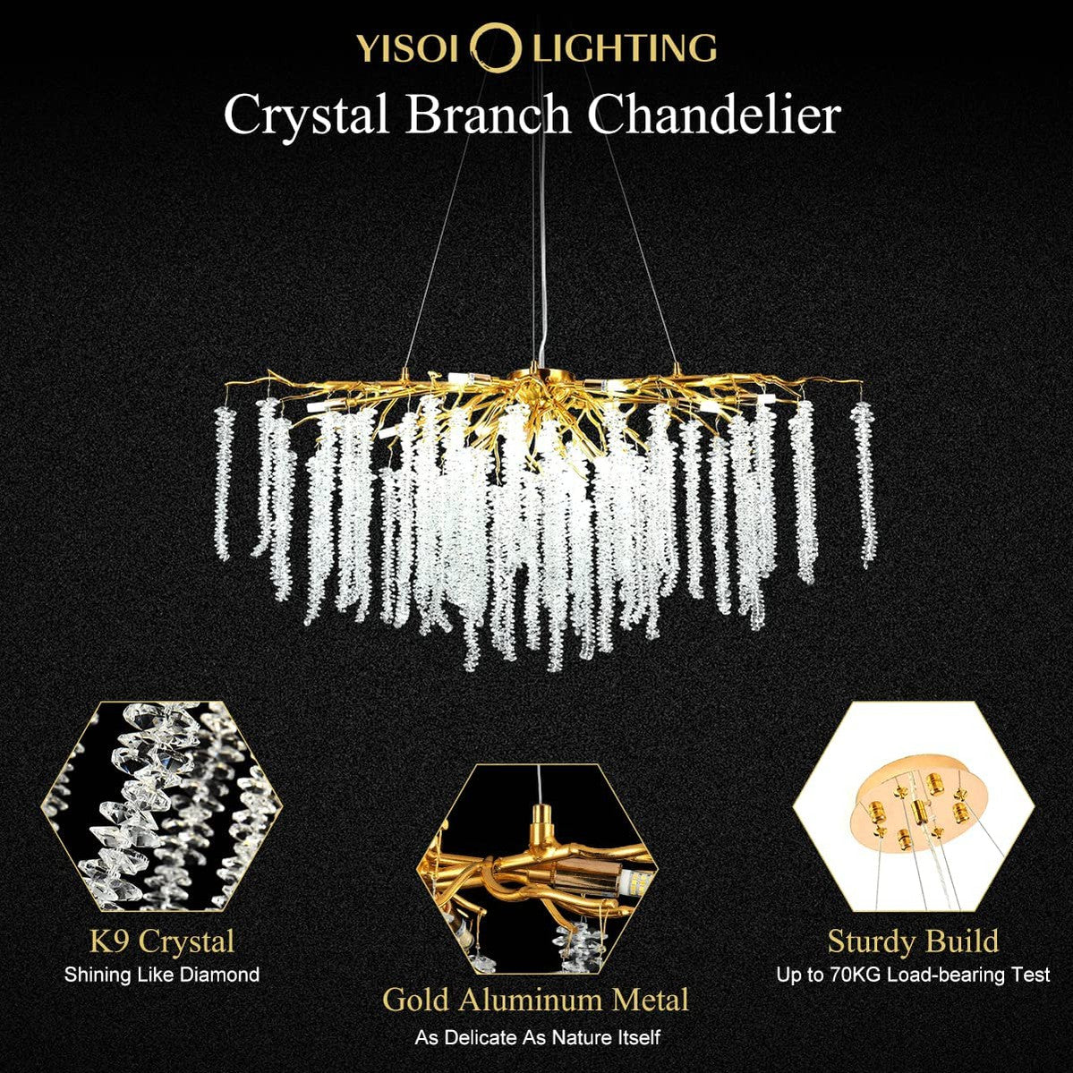 Doris White Crystal Rectangle Branch Chandelier Gold 45"L-Momo Lighting