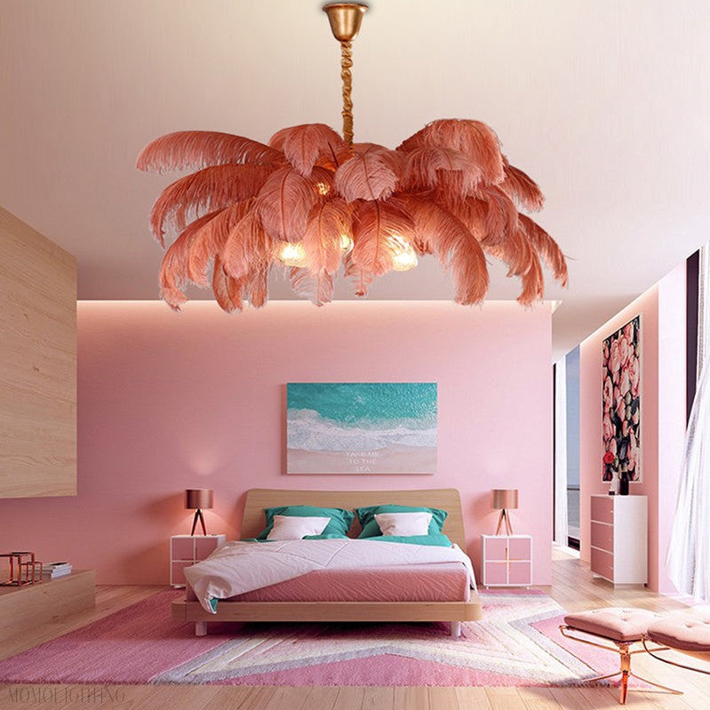 Elva Brass Palm Tree Feather Chandelier-Momo Lighting