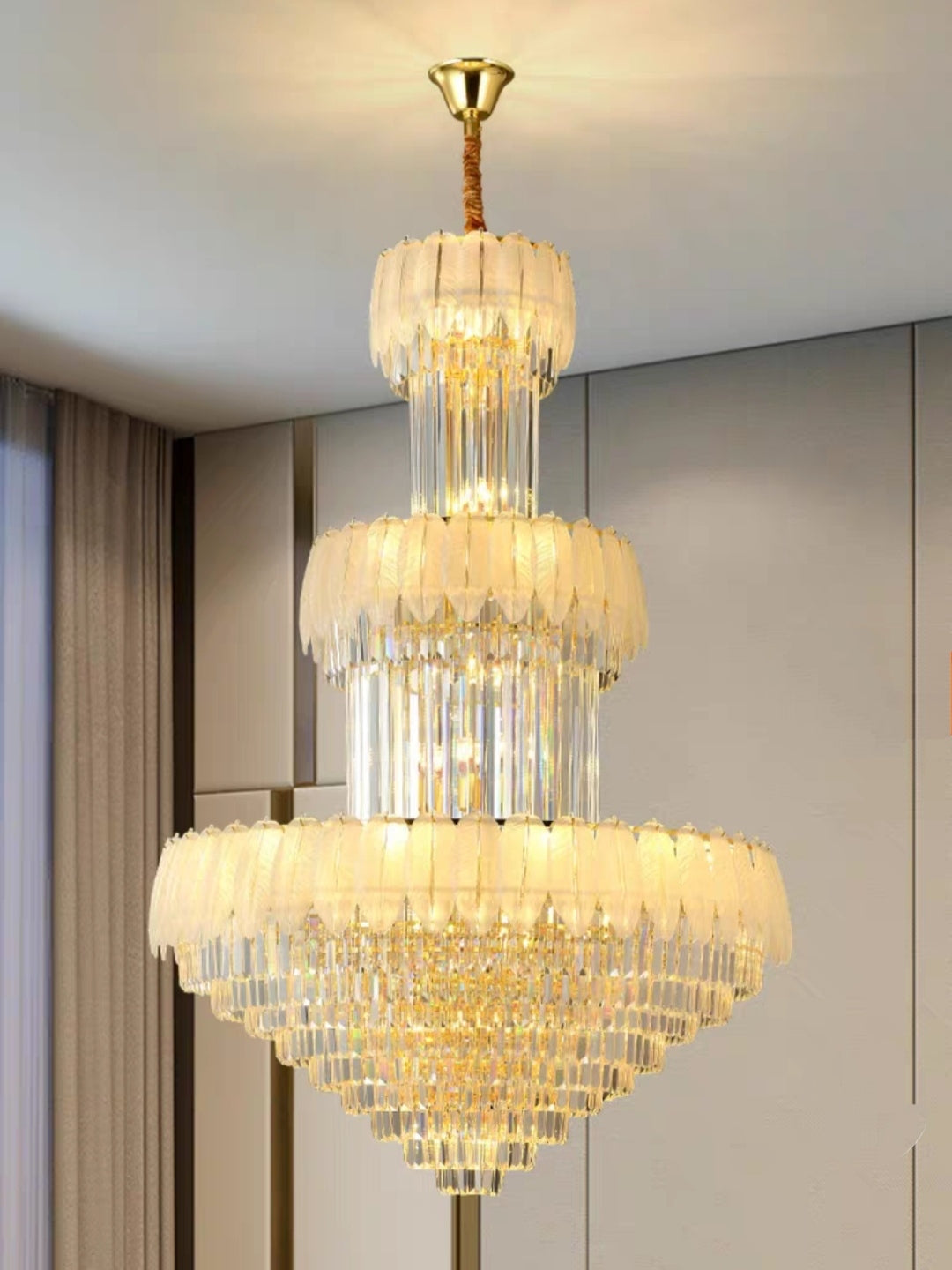 Extra Large Crystal Feather Style Chandelier Long Foyer Staircase Ceiling Lighting Fixture For Living Room-Momo Lighting