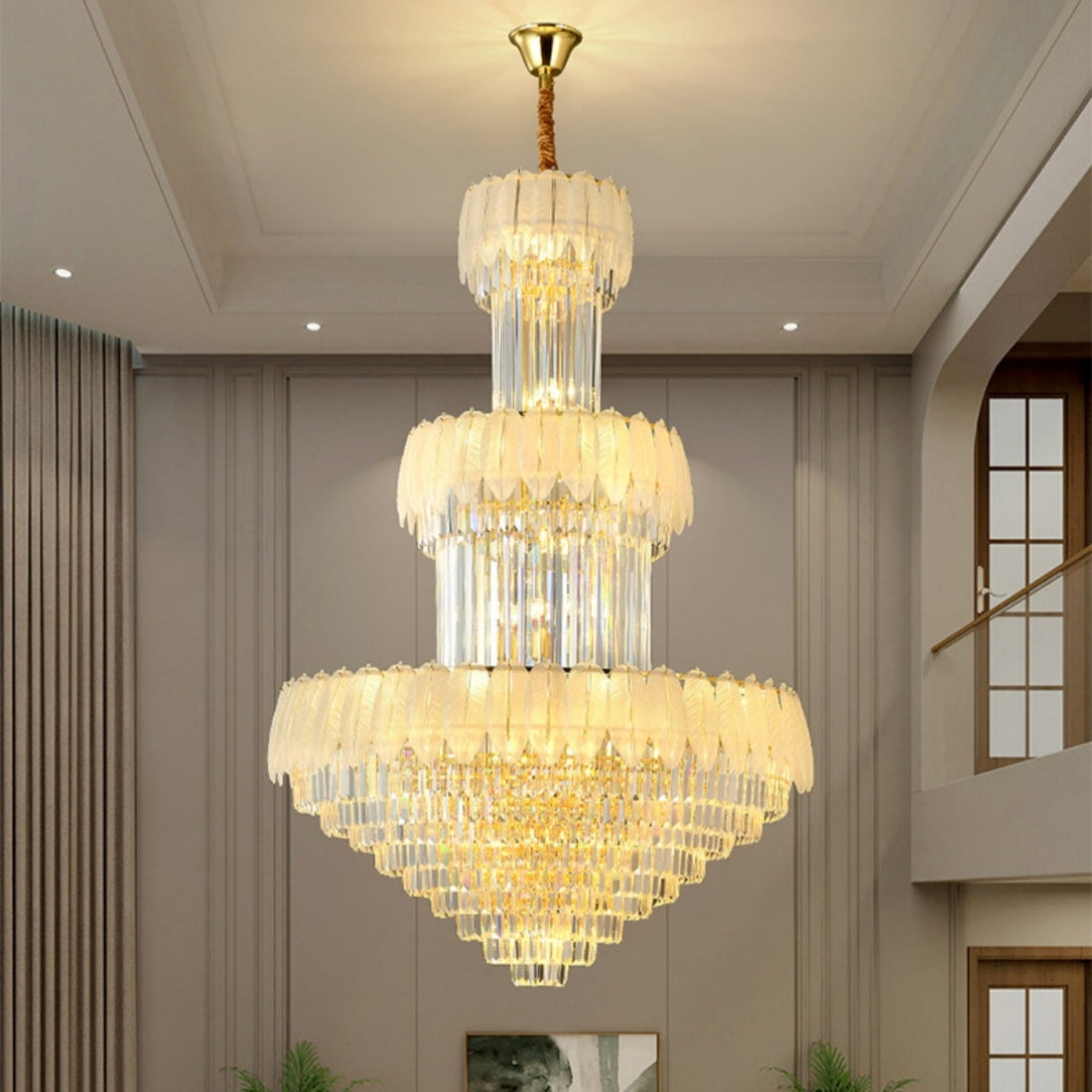 Extra Large Crystal Feather Style Chandelier Long Foyer Staircase Ceiling Lighting Fixture For Living Room-Momo Lighting