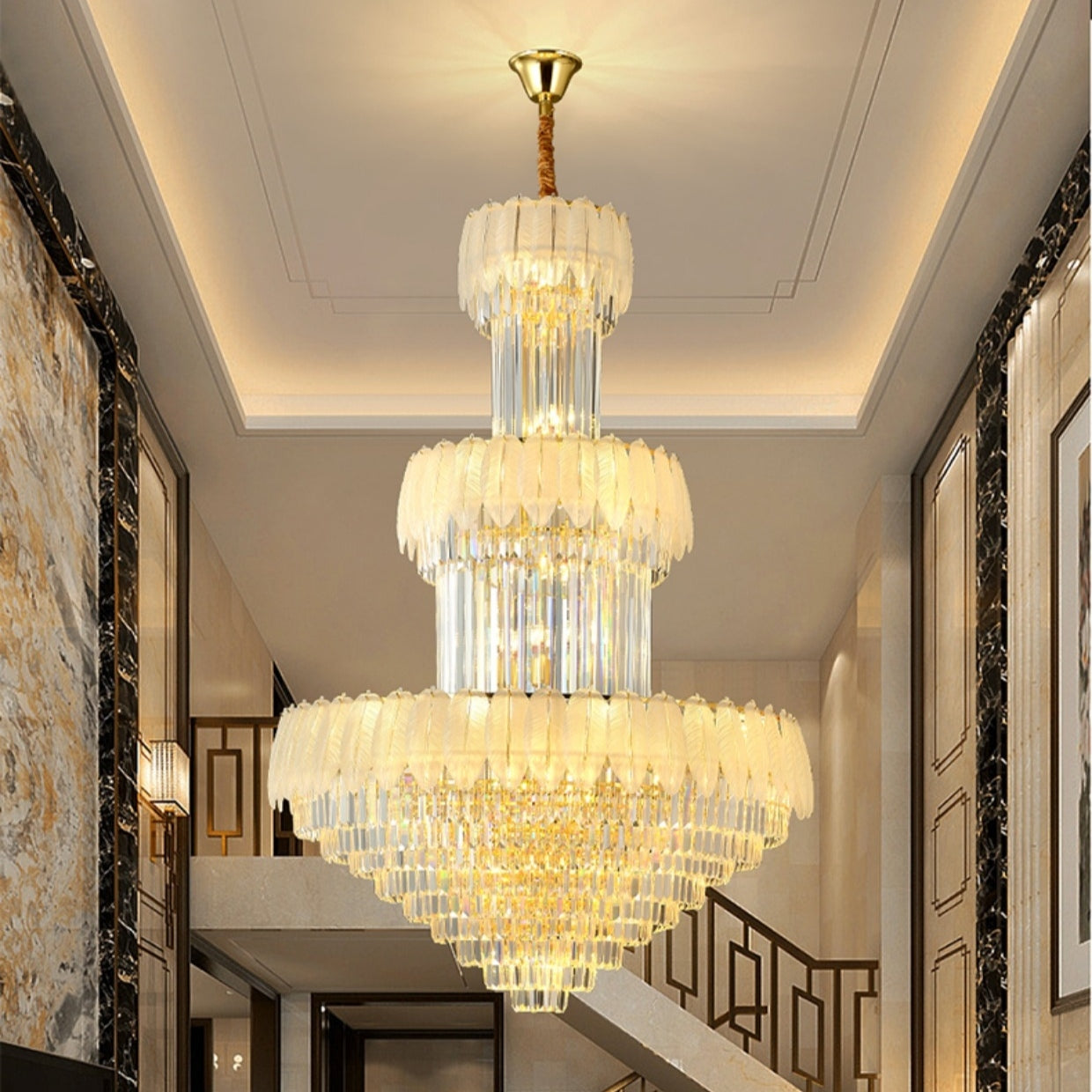 Extra Large Crystal Feather Style Chandelier Long Foyer Staircase Ceiling Lighting Fixture For Living Room-Momo Lighting