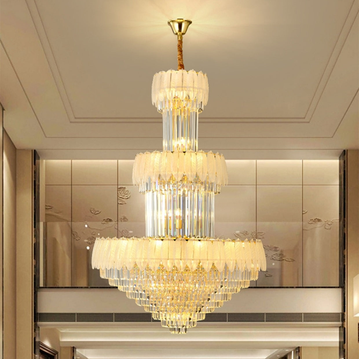 Extra Large Crystal Feather Style Chandelier Long Foyer Staircase Ceiling Lighting Fixture For Living Room-Momo Lighting