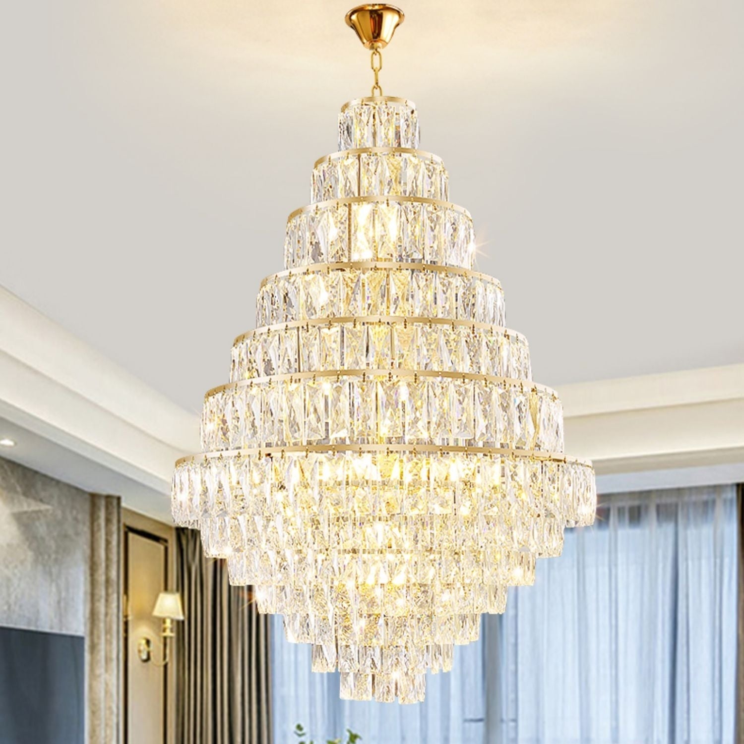 Extra Large Decorative Crystal Chandelier Foyer Hall Ceiling Light Fixture For Staircase In Gold/ Chrome-Momo Lighting