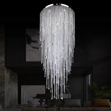 Extra Large Flush Mount Crystal Tassel Pendant Chandelier for Living Room/High-Ceiling Room/Foyer