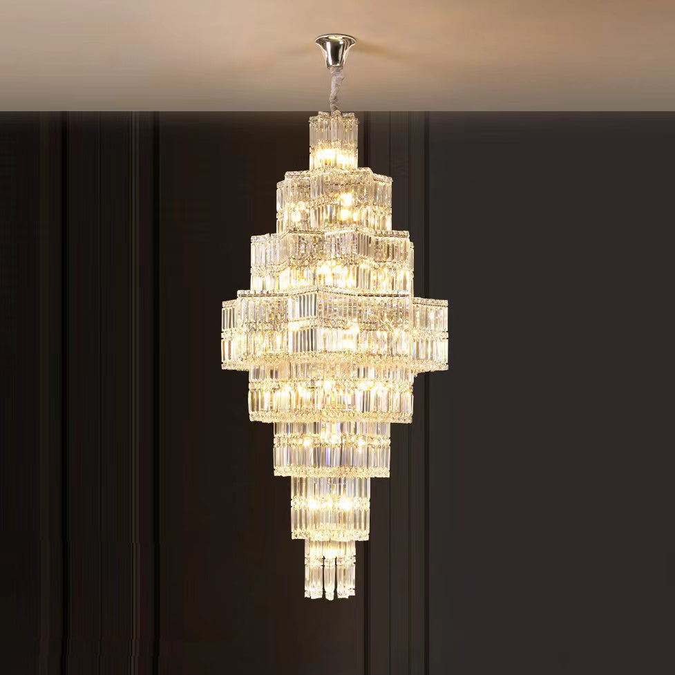 Extra Large Plaza Hall Multi-Tier Crystal Chandelier Foyer Living Room Staircase Ceiling Lighting Fixture In Chrome/ Silver Finish-Momo Lighting