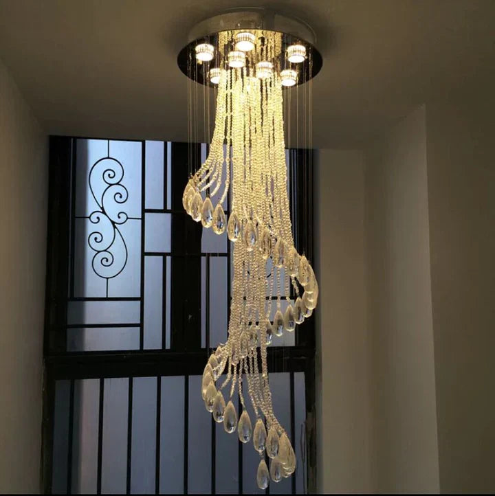 Flush Mounted Spiral Crystal Drops Chandelier Round LED Ceiling Lighting Fixture For Foyer Staircase/ Hotel Entrance-Momo Lighting