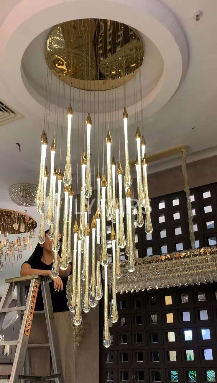 Foyer Glass Drops Pendant Chandelier Spiral Staircase High Ceiling Light Fixture In Gold Finish-Momo Lighting