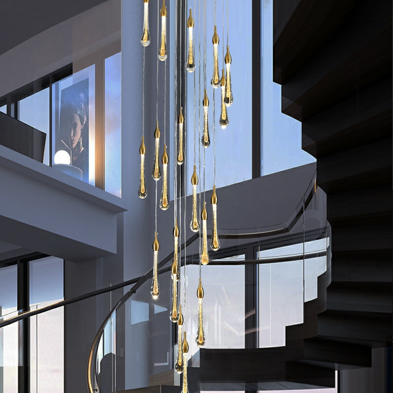 Foyer Glass Drops Pendant Chandelier Spiral Staircase High Ceiling Light Fixture In Gold Finish-Momo Lighting