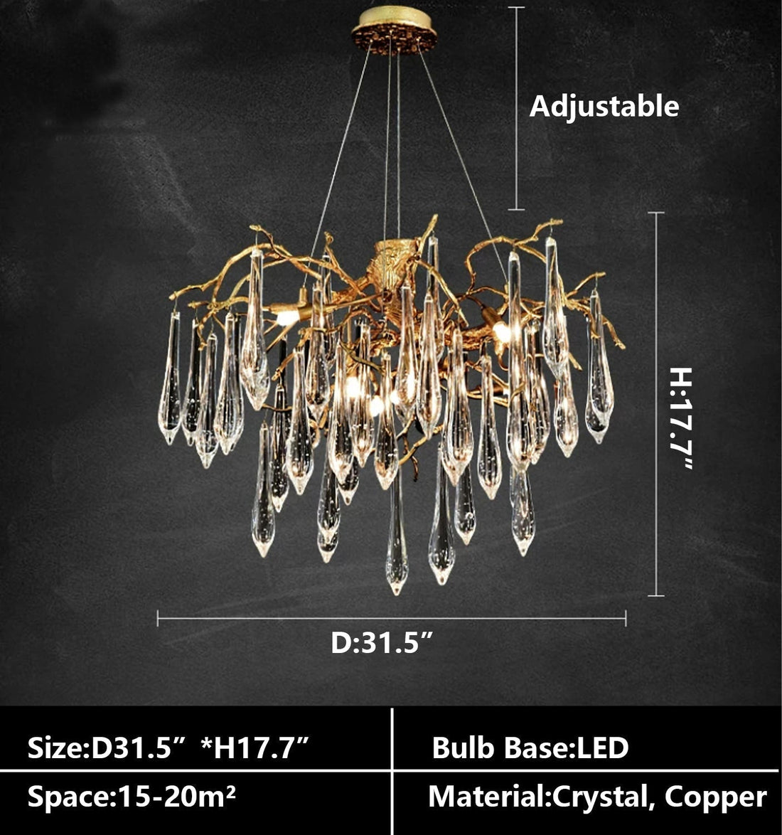 French Style Living Room Branch Crystal Drops Chandelier Modern Copper Gold Finish Dining Room Ceiling Lighting Fixture-Momo Lighting
