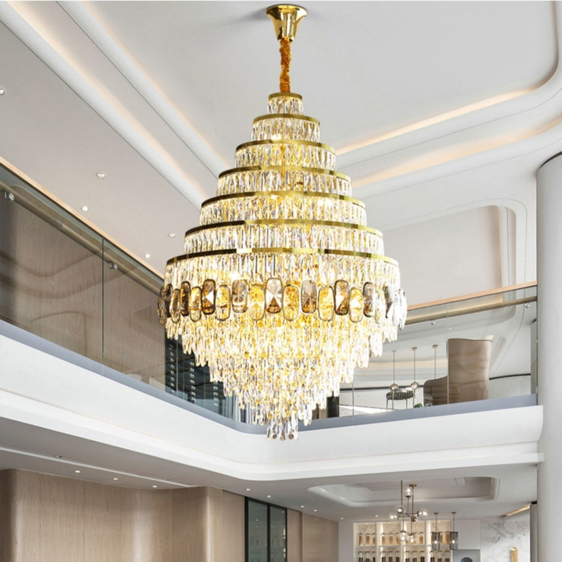 Honeycomb Shaped Ceiling Chandelier Extra Large Crystal Light Fixture For Foyer Staircase/ Entryway In Gold Finish-Momo Lighting