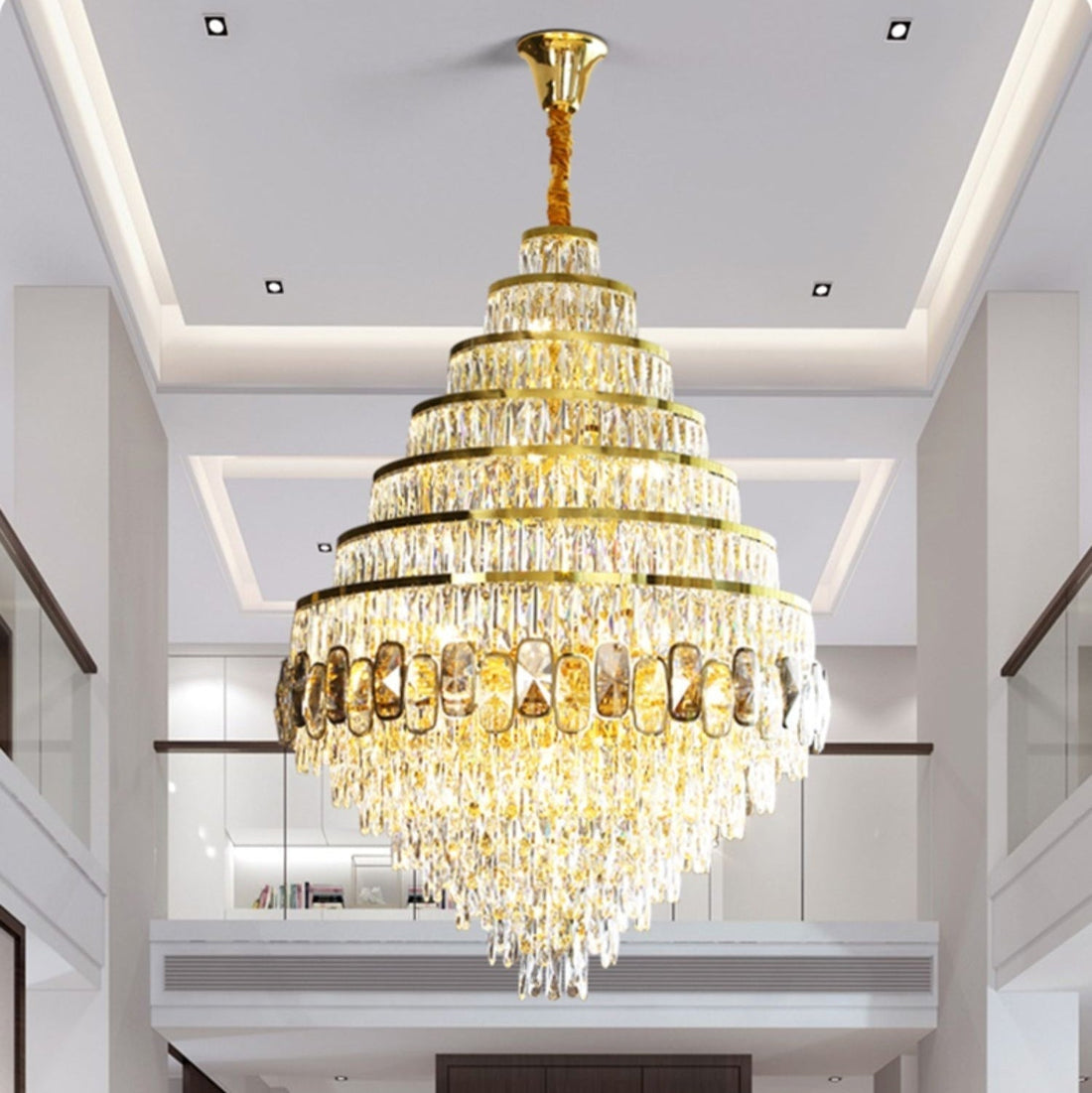 Honeycomb Shaped Ceiling Chandelier Extra Large Crystal Light Fixture For Foyer Staircase/ Entryway In Gold Finish-Momo Lighting