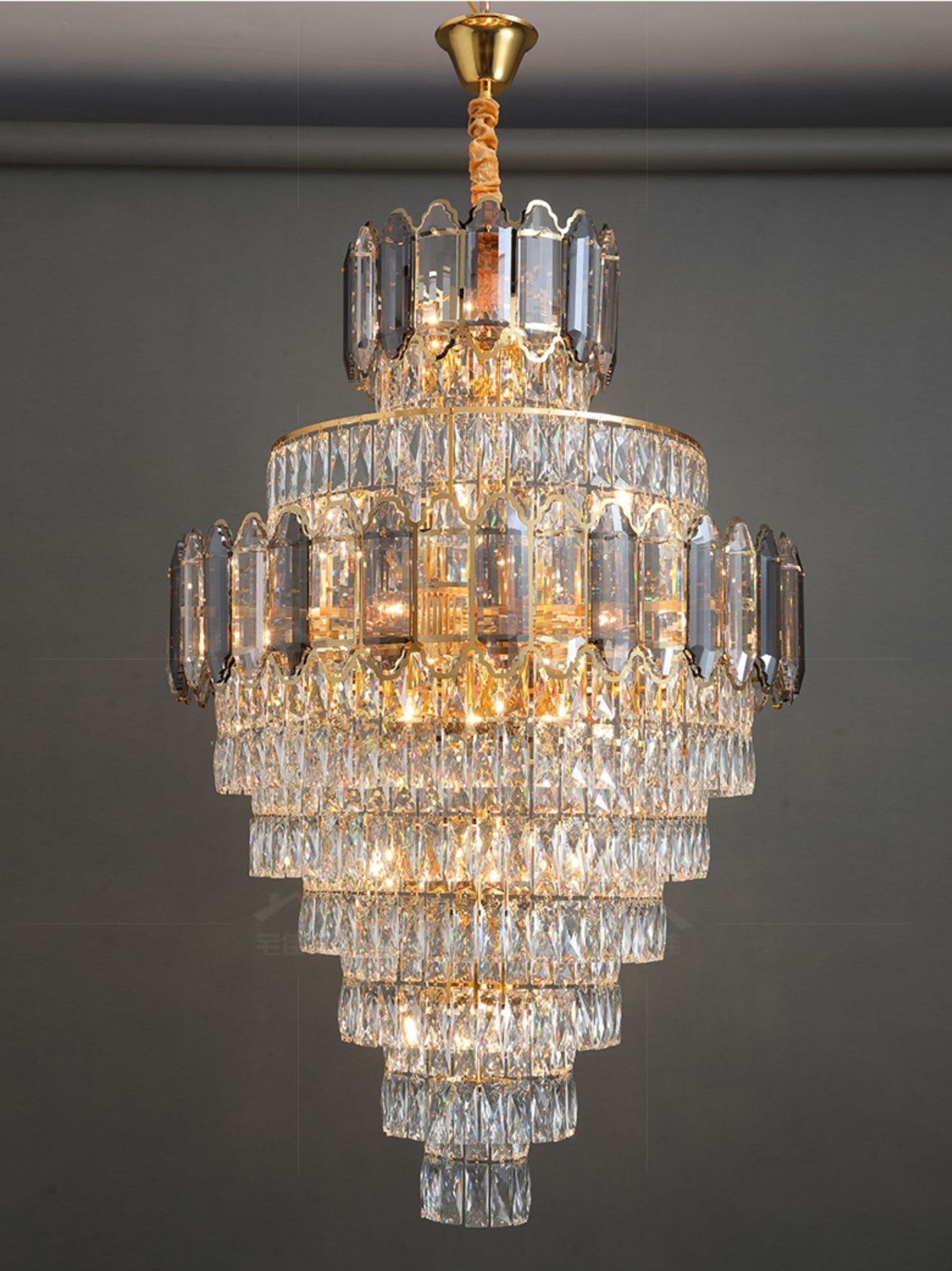 Large Staircase Crystal Chandelier Living Room Ceiling Light Fixture For Hotel Entrance In Gold Finish-Momo Lighting