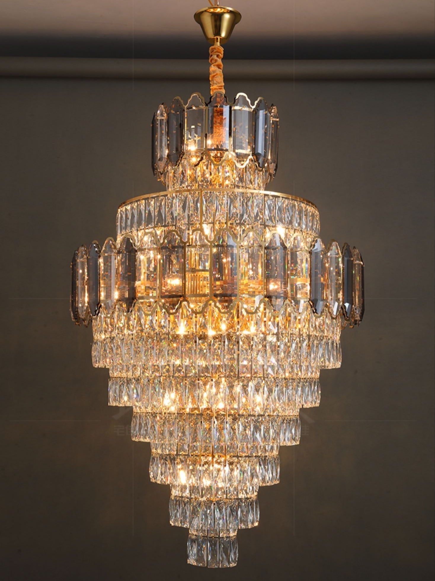 Large Staircase Crystal Chandelier Living Room Ceiling Light Fixture For Hotel Entrance In Gold Finish-Momo Lighting