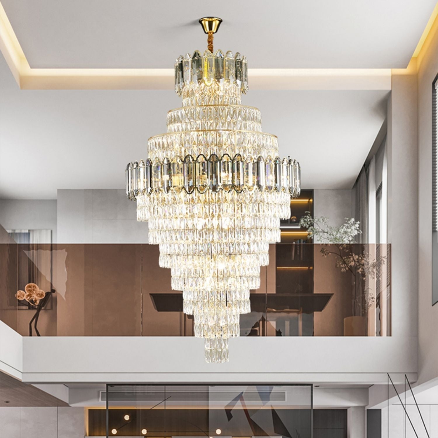 Large Staircase Crystal Chandelier Living Room Ceiling Light Fixture For Hotel Entrance In Gold Finish-Momo Lighting