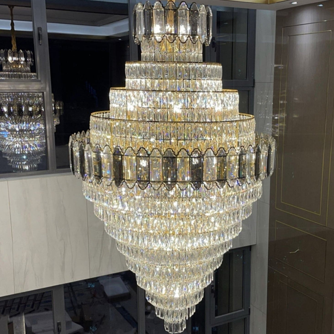 Large Staircase Crystal Chandelier Living Room Ceiling Light Fixture For Hotel Entrance In Gold Finish-Momo Lighting