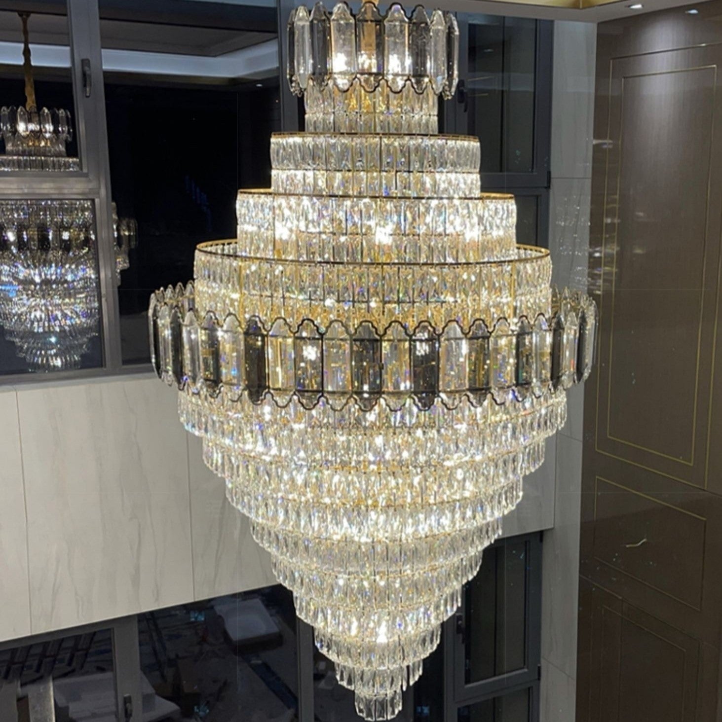 Large Staircase Crystal Chandelier Living Room Ceiling Light Fixture For Hotel Entrance In Gold Finish-Momo Lighting