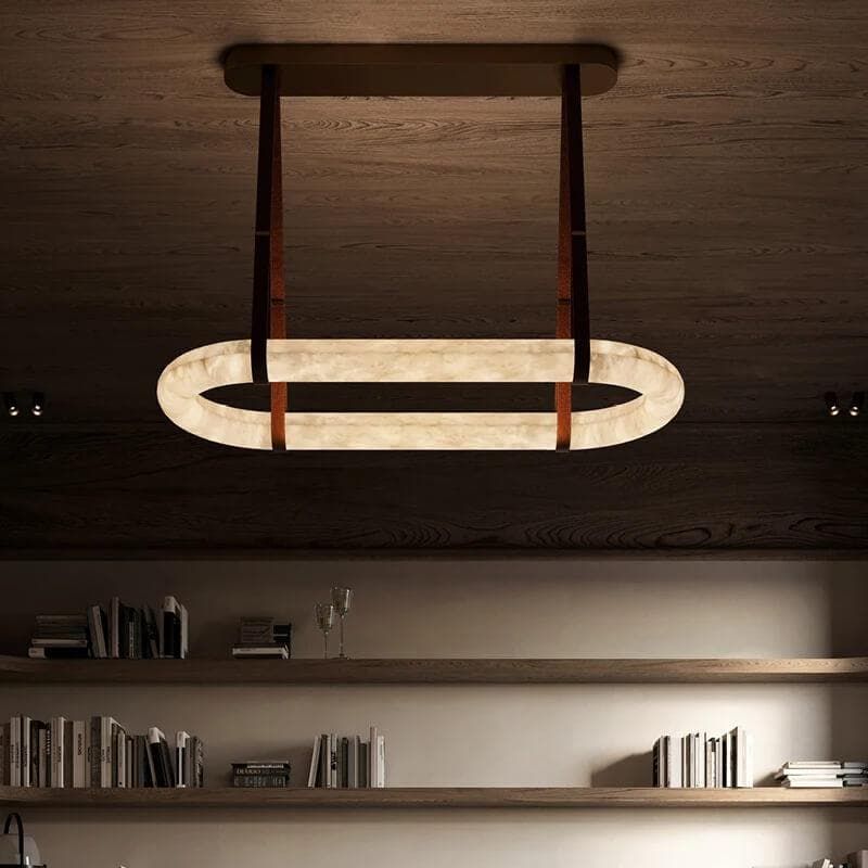 Leathe Circle Alabaster Chandelier-Momo Lighting