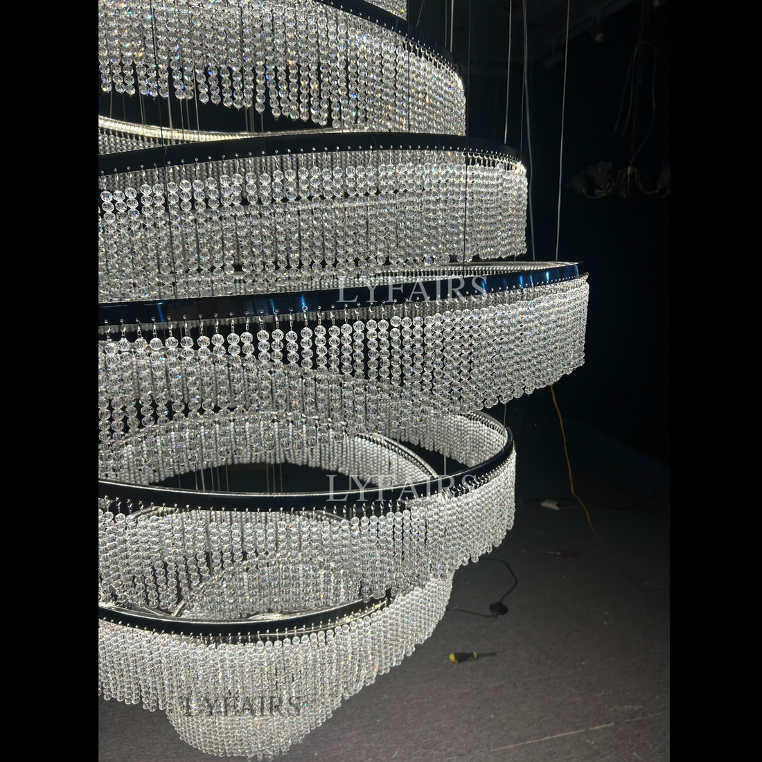 Long Crystal Tassel Rings Chandelier Extra Large Living Room Staircase High Ceiling Lighting Fixture-Momo Lighting