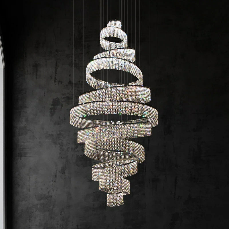 Long Crystal Tassel Rings Chandelier Extra Large Living Room Staircase High Ceiling Lighting Fixture-Momo Lighting