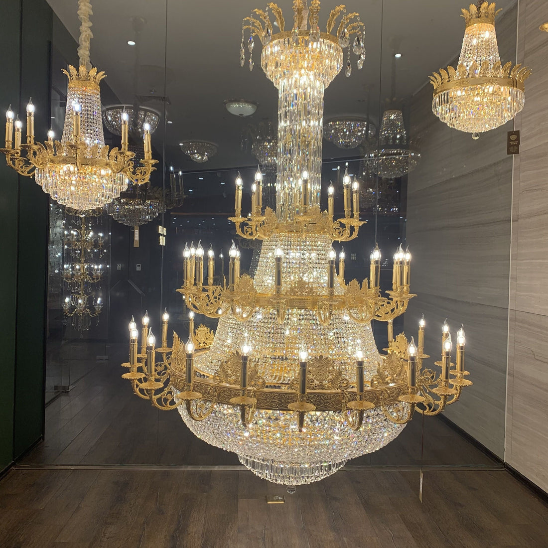 Luxury Empire Multi-tiered Candle Light Crystal Chandelier in Gold Finish for Foyer/Living Room/Staircase/Villa-Momo Lighting