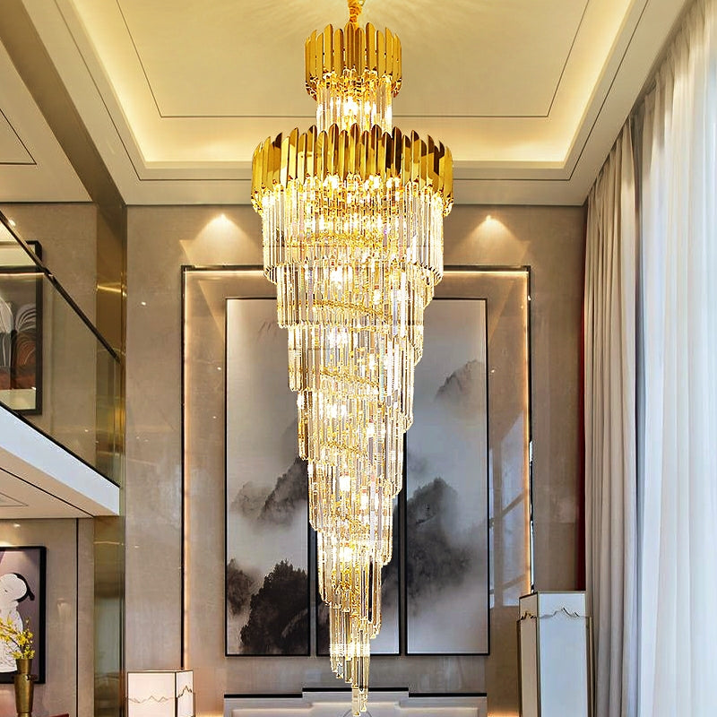 Luxury Gold Trimmed Long Crystal Chandelier Foyer Staircase Extra Large Ceiling Light Fixture-Momo Lighting