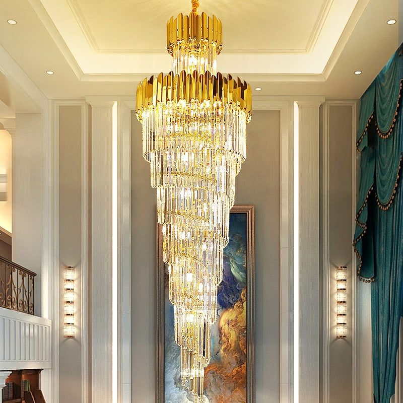 Luxury Gold Trimmed Long Crystal Chandelier Foyer Staircase Extra Large Ceiling Light Fixture-Momo Lighting