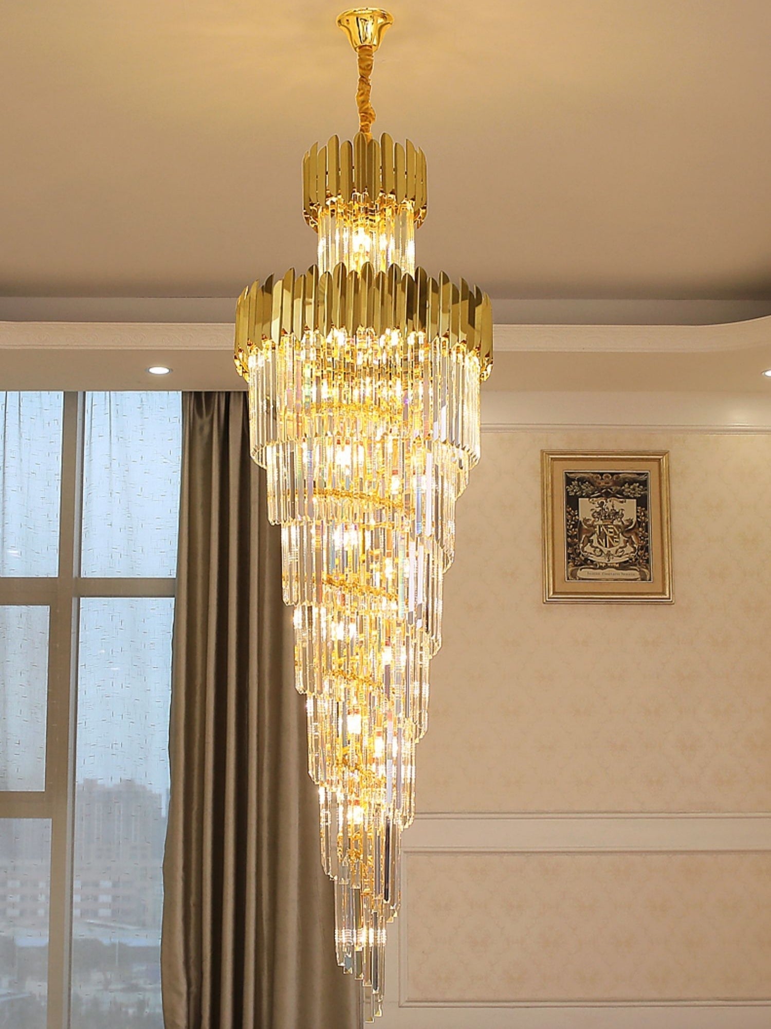 Luxury Gold Trimmed Long Crystal Chandelier Foyer Staircase Extra Large Ceiling Light Fixture-Momo Lighting