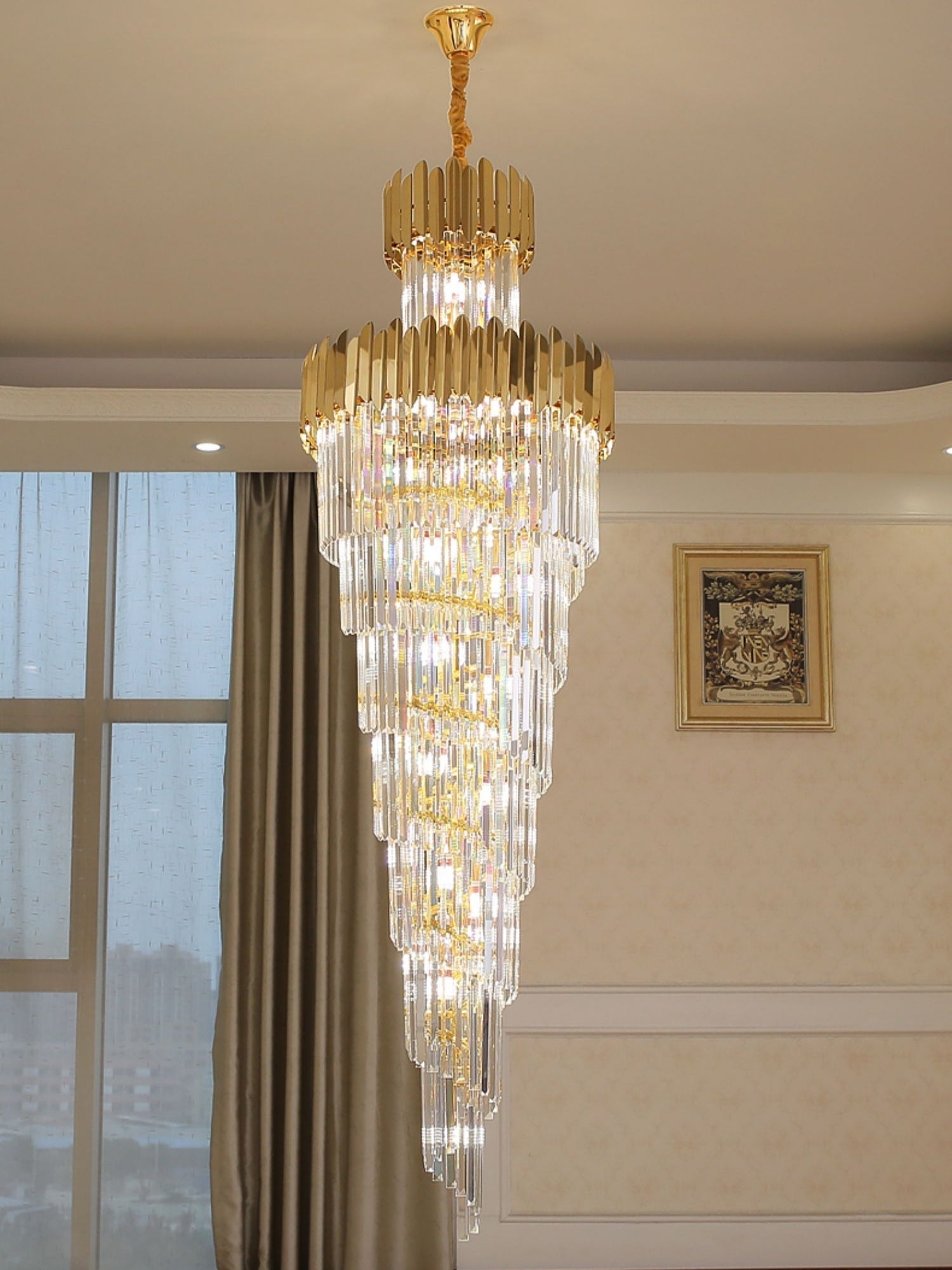 Luxury Gold Trimmed Long Crystal Chandelier Foyer Staircase Extra Large Ceiling Light Fixture-Momo Lighting