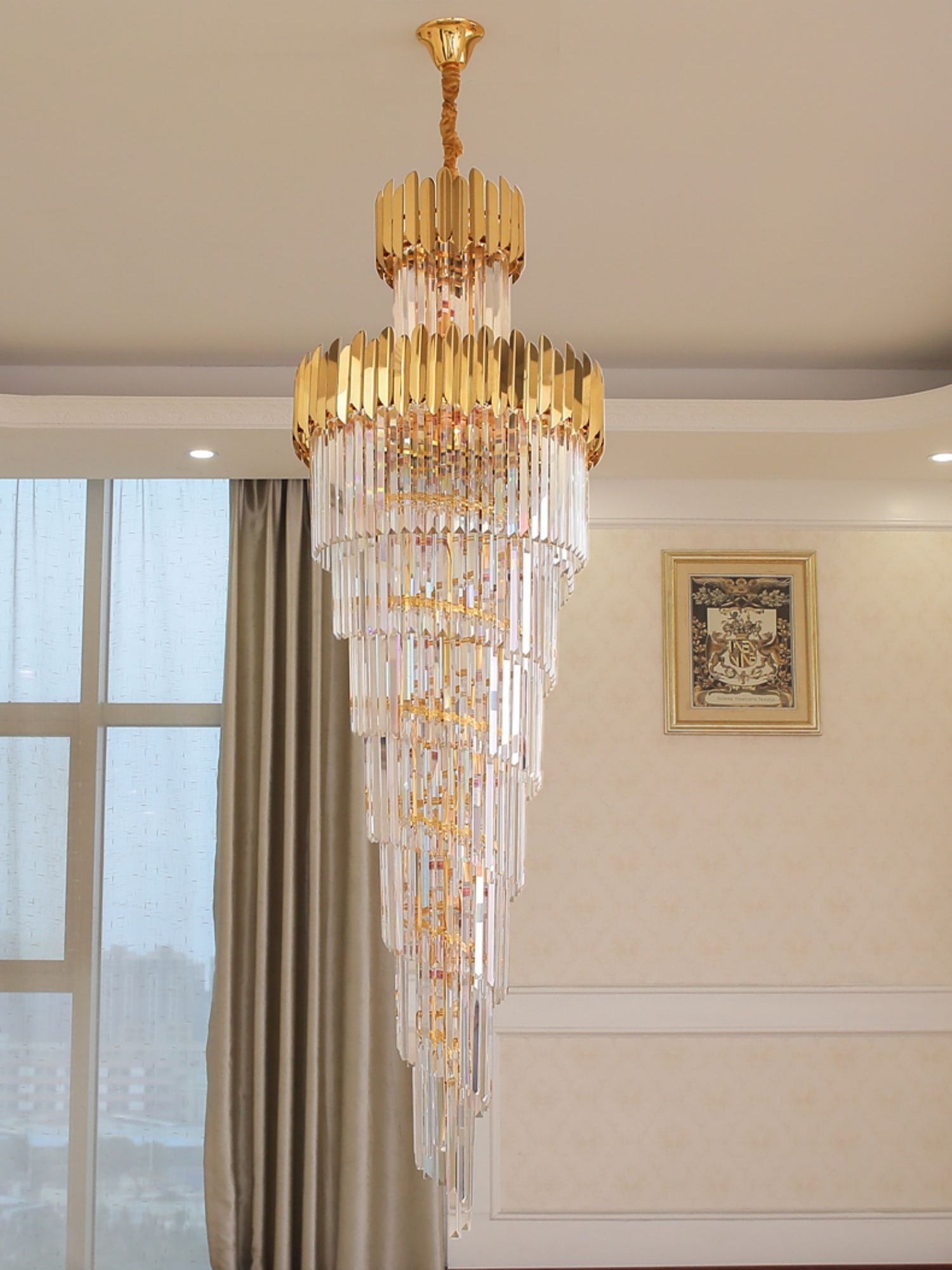 Luxury Gold Trimmed Long Crystal Chandelier Foyer Staircase Extra Large Ceiling Light Fixture-Momo Lighting