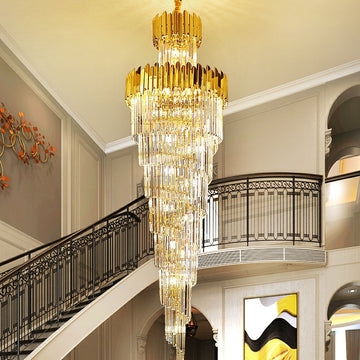 Luxury Gold Trimmed Long Crystal Chandelier Foyer Staircase Extra Large Ceiling Light Fixture-Momo Lighting