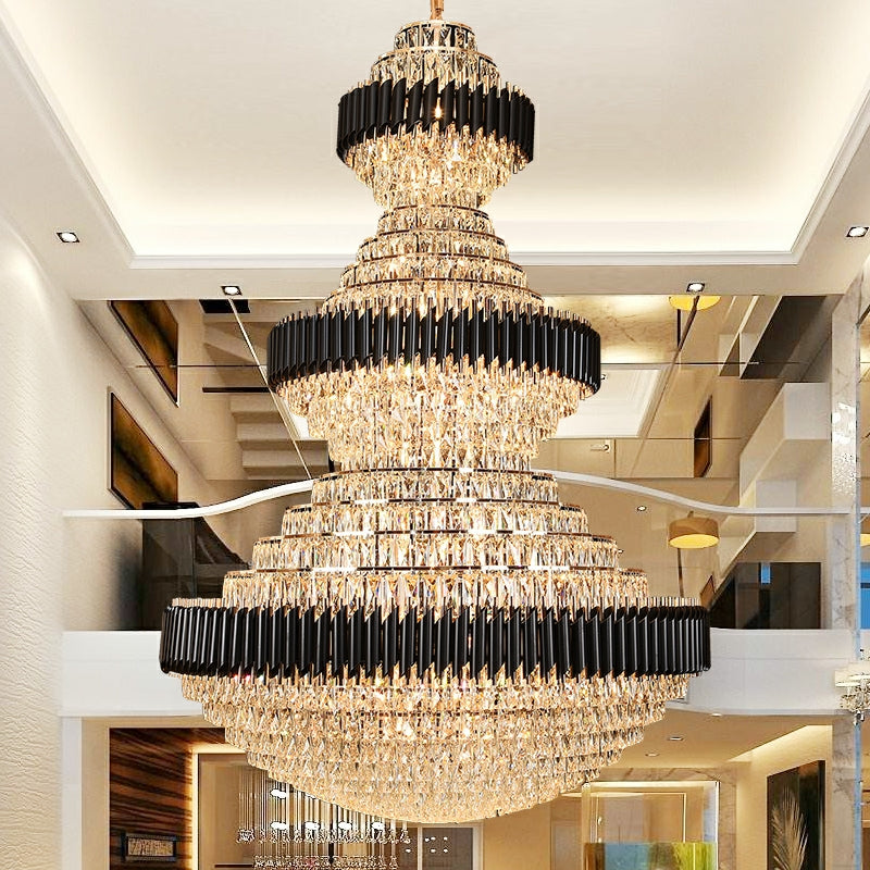 Modern Black Iron Crystal Chandelier For Foyer Staircase Luxurious Design Ceiling Light Fixture-Momo Lighting