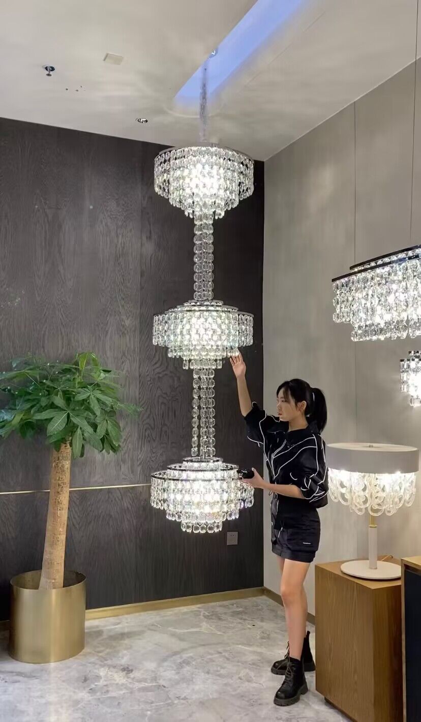 Modern French Elegant Oversized 3-tiered Silver Seashells Long Crystal Chandelier for Staircase-Momo Lighting