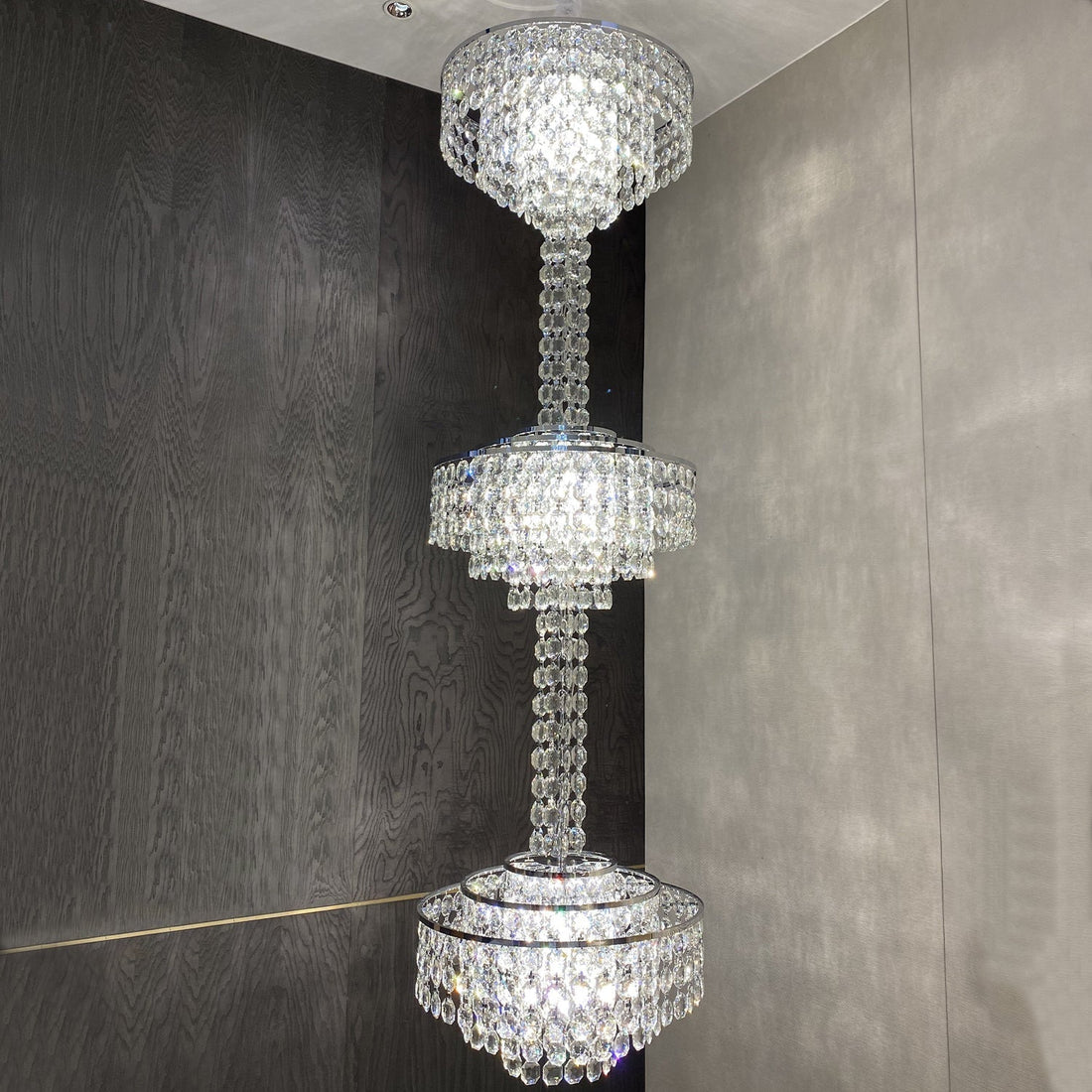 Modern French Elegant Oversized 3-tiered Silver Seashells Long Crystal Chandelier for Staircase-Momo Lighting