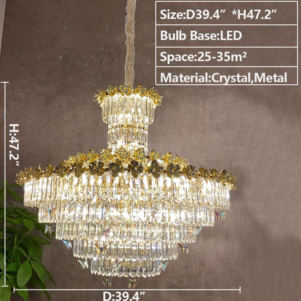 Modern Light Luxury Art Design Butterfly Multi-tiered Round Crystal Chandelier with Golden Flowers for Living Room/Staircase/Foyer-Momo Lighting