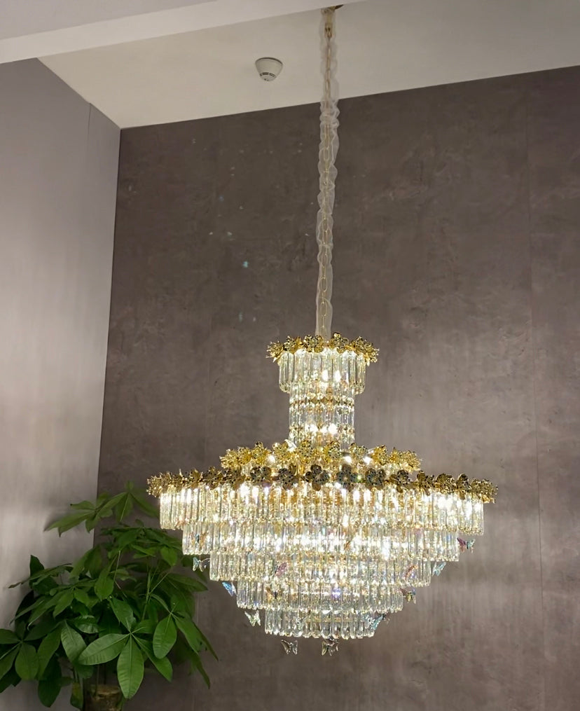 Modern Light Luxury Art Design Butterfly Multi-tiered Round Crystal Chandelier with Golden Flowers for Living Room/Staircase/Foyer-Momo Lighting
