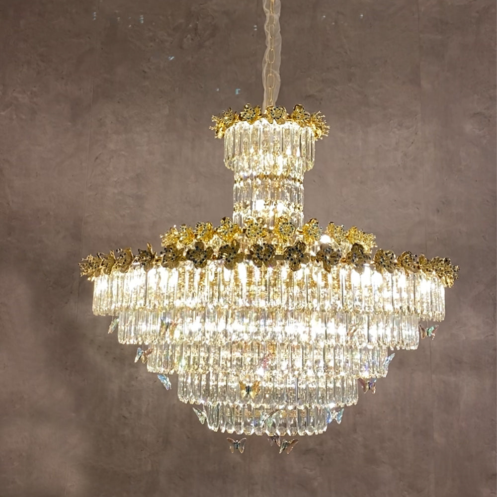 Modern Light Luxury Art Design Butterfly Multi-tiered Round Crystal Chandelier with Golden Flowers for Living Room/Staircase/Foyer-Momo Lighting
