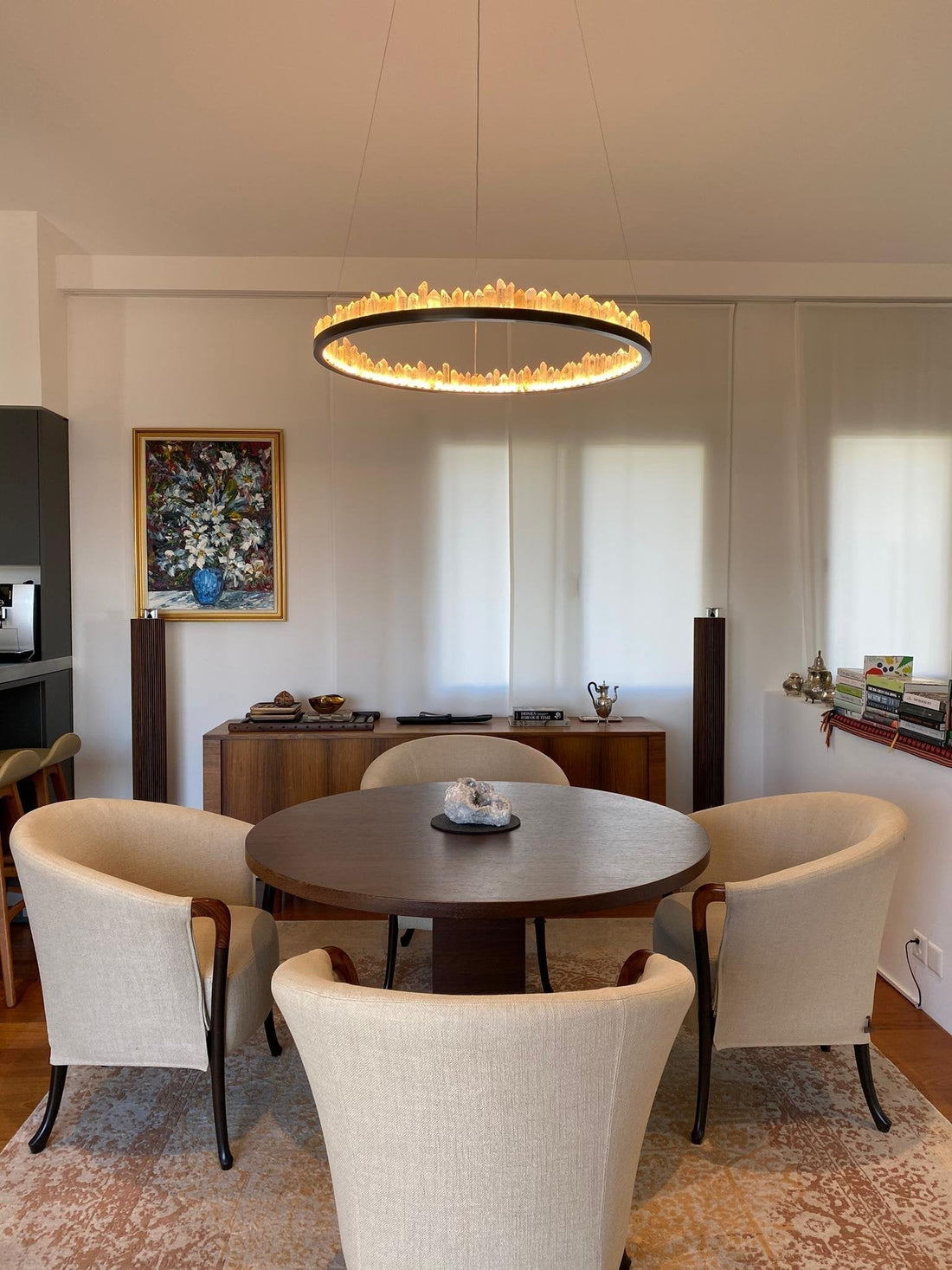 Modern Style Rings Brass & Natural Quartz Crystal Chandelier in Brass/Black Finish-Momo Lighting