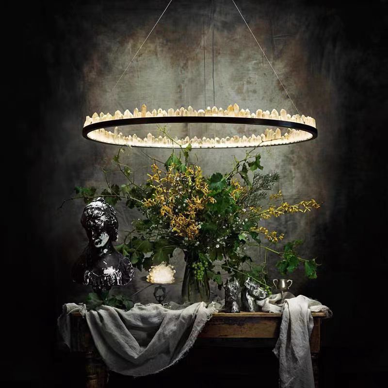 Modern Style Rings Brass & Natural Quartz Crystal Chandelier in Brass/Black Finish-Momo Lighting